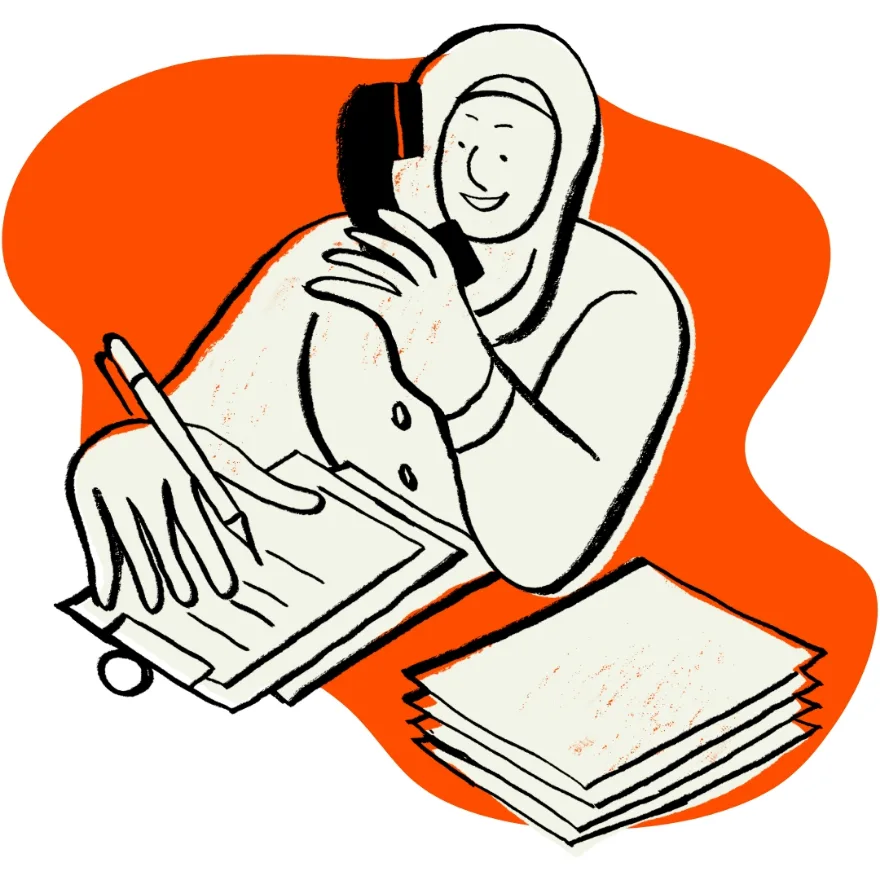 Illustration of a person on the phone taking notes, with a stack of paperwork