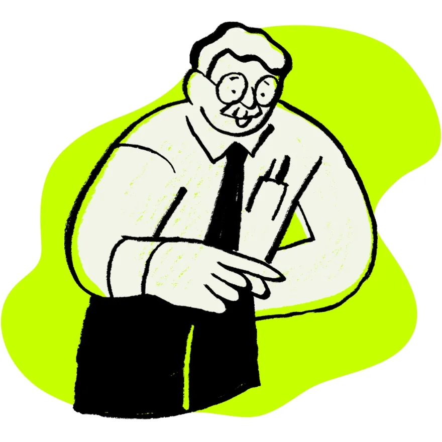 Illustration of a smiling tradesman in shirt and tie pointing the way