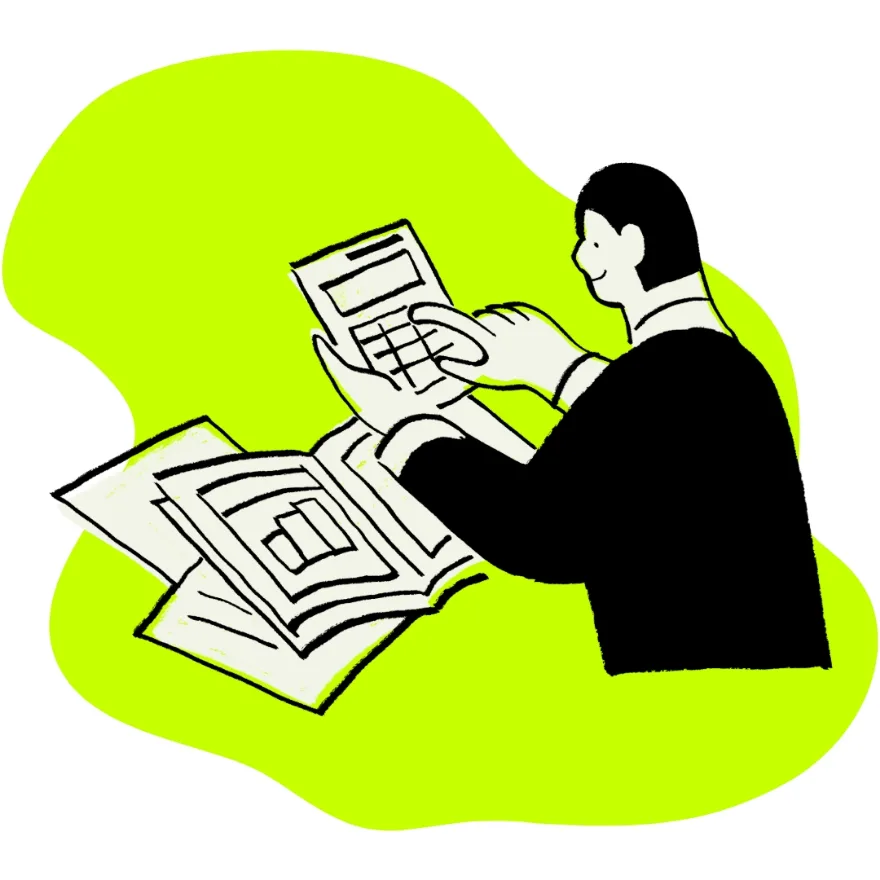 Illustration of a person working out figures on a calculator beside paperwork