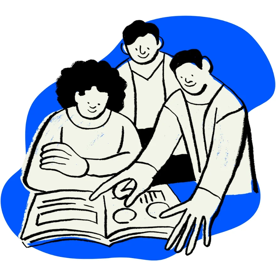 Illustration of three people looking through a brochure together