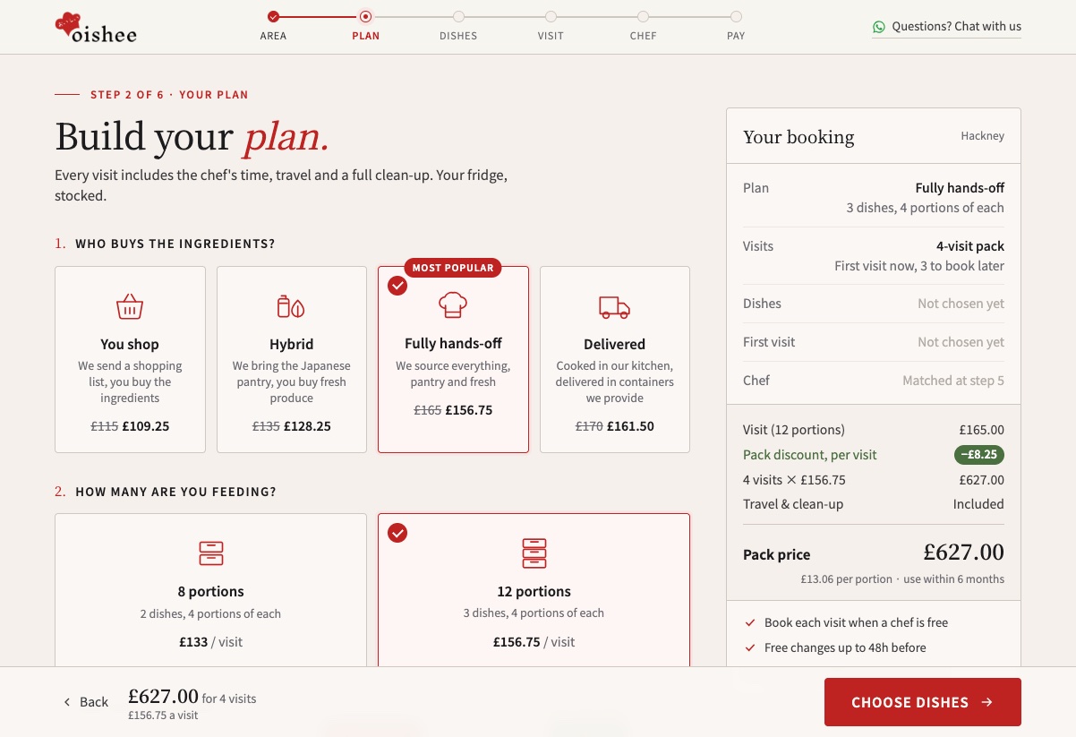 Oishee booking wizard, step 2: choosing a plan, with an icon for each option on desktop