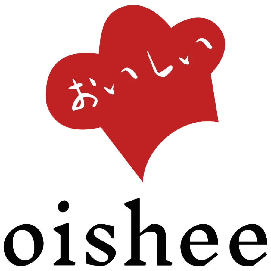 Oishee stacked logo: a red heart-shaped chef's hat with 'oishii' in Japanese, above 'oishee' in black