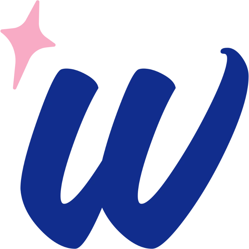 Wave Exteriors brandmark: a navy script W with a pink sparkle
