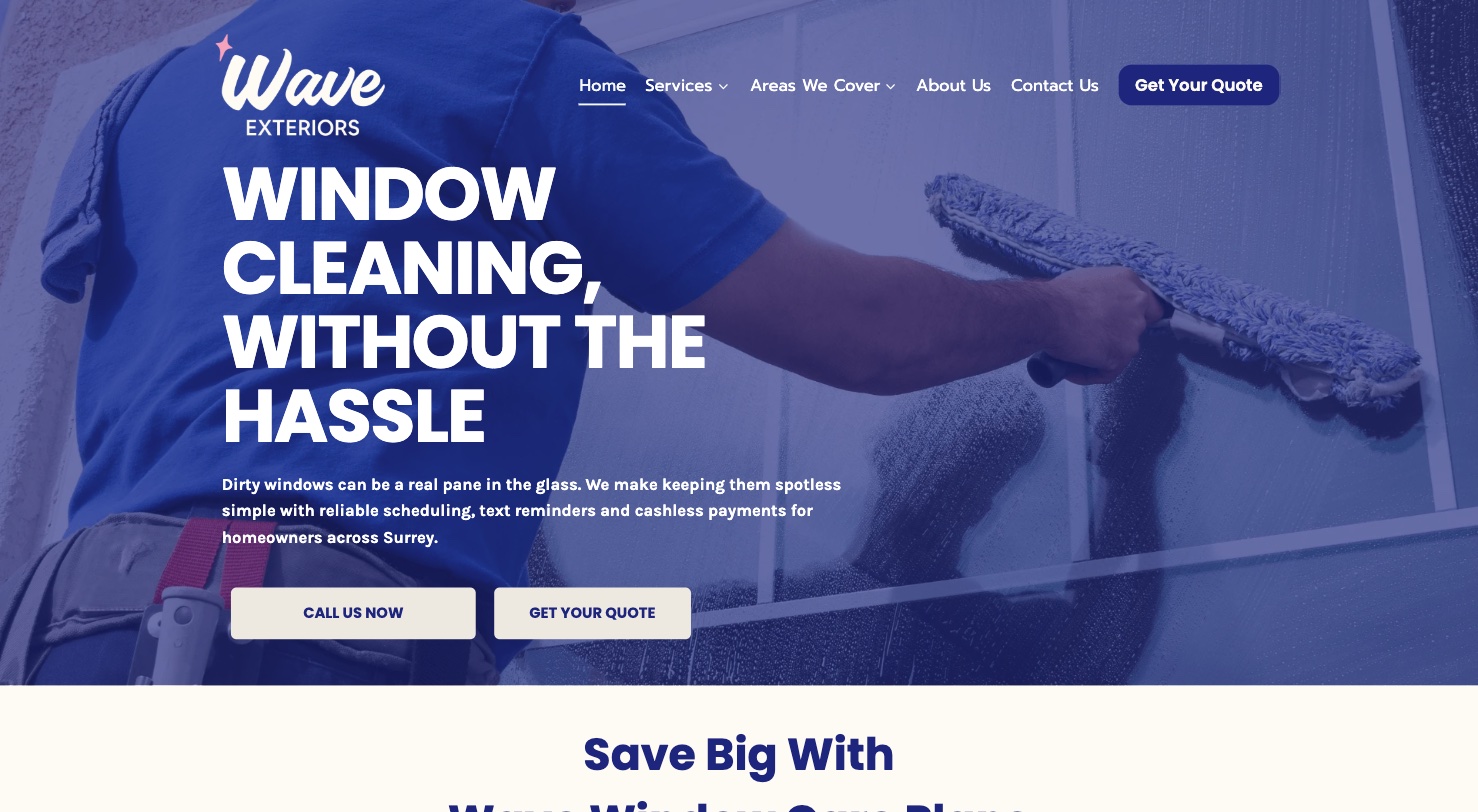 Wave Exteriors homepage on desktop: 'Window cleaning, without the hassle' hero with call and quote buttons