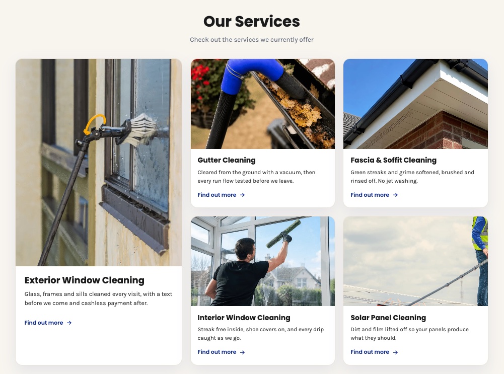 Wave Exteriors services section: a bento grid of service cards with photos on desktop
